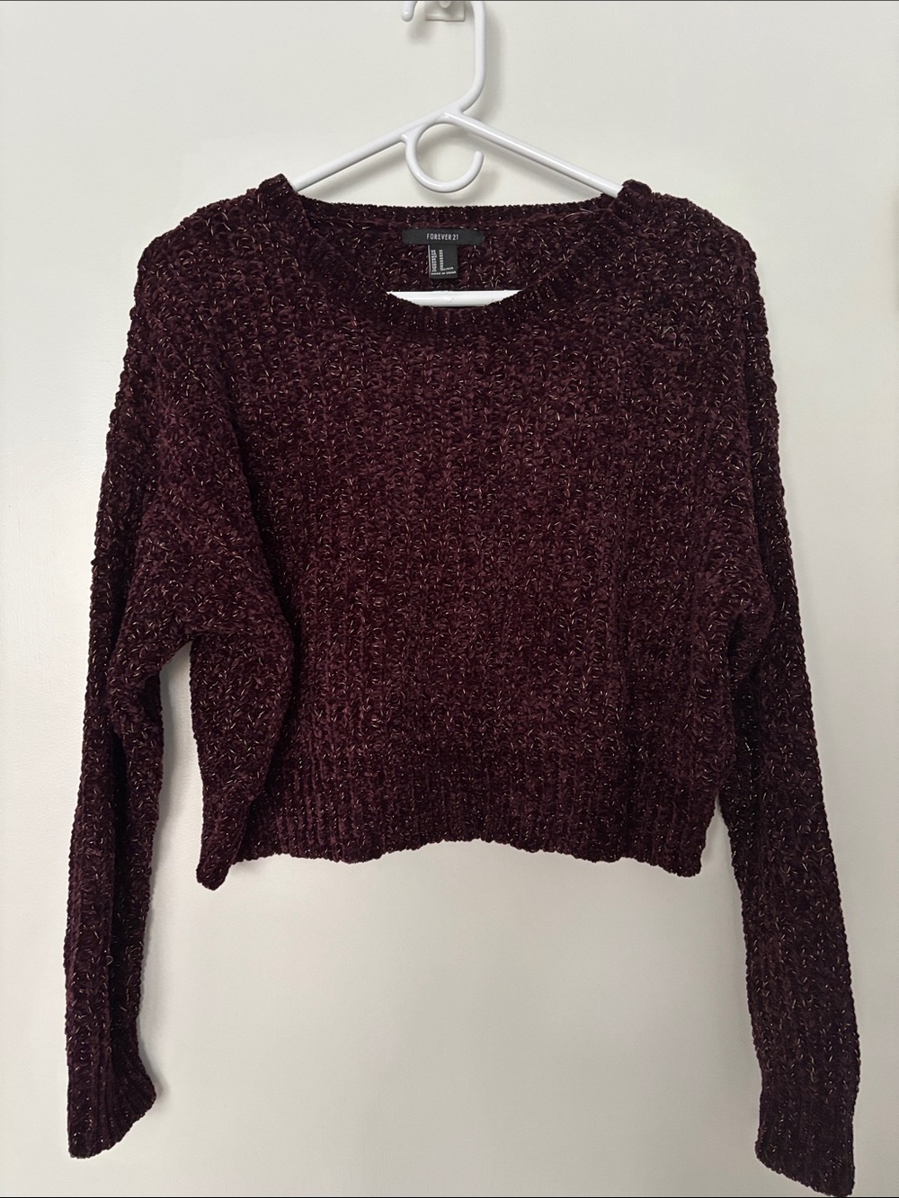 Forever 21 Burgundy Chenille Cropped Crewneck Sweater